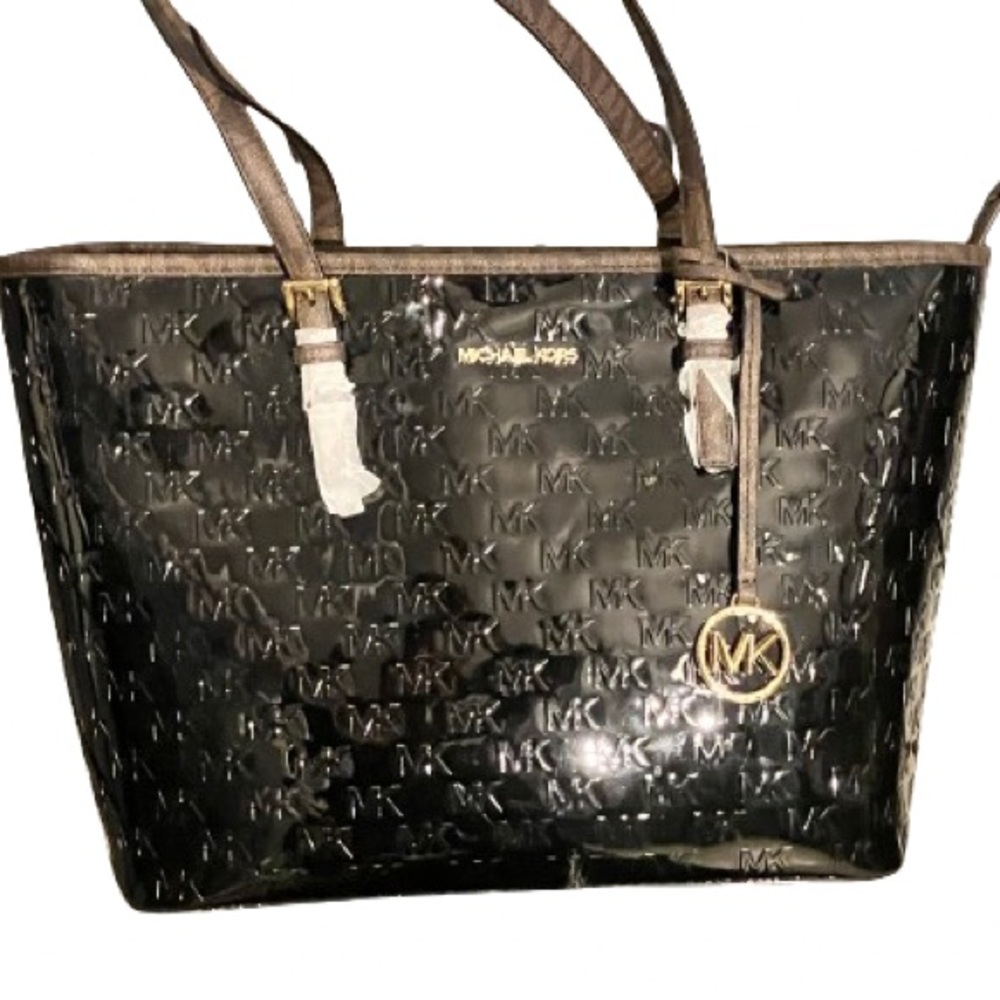 Michael Kors MK Signature Jet Set Travel Carryall Tote Bag Black Patent Purse